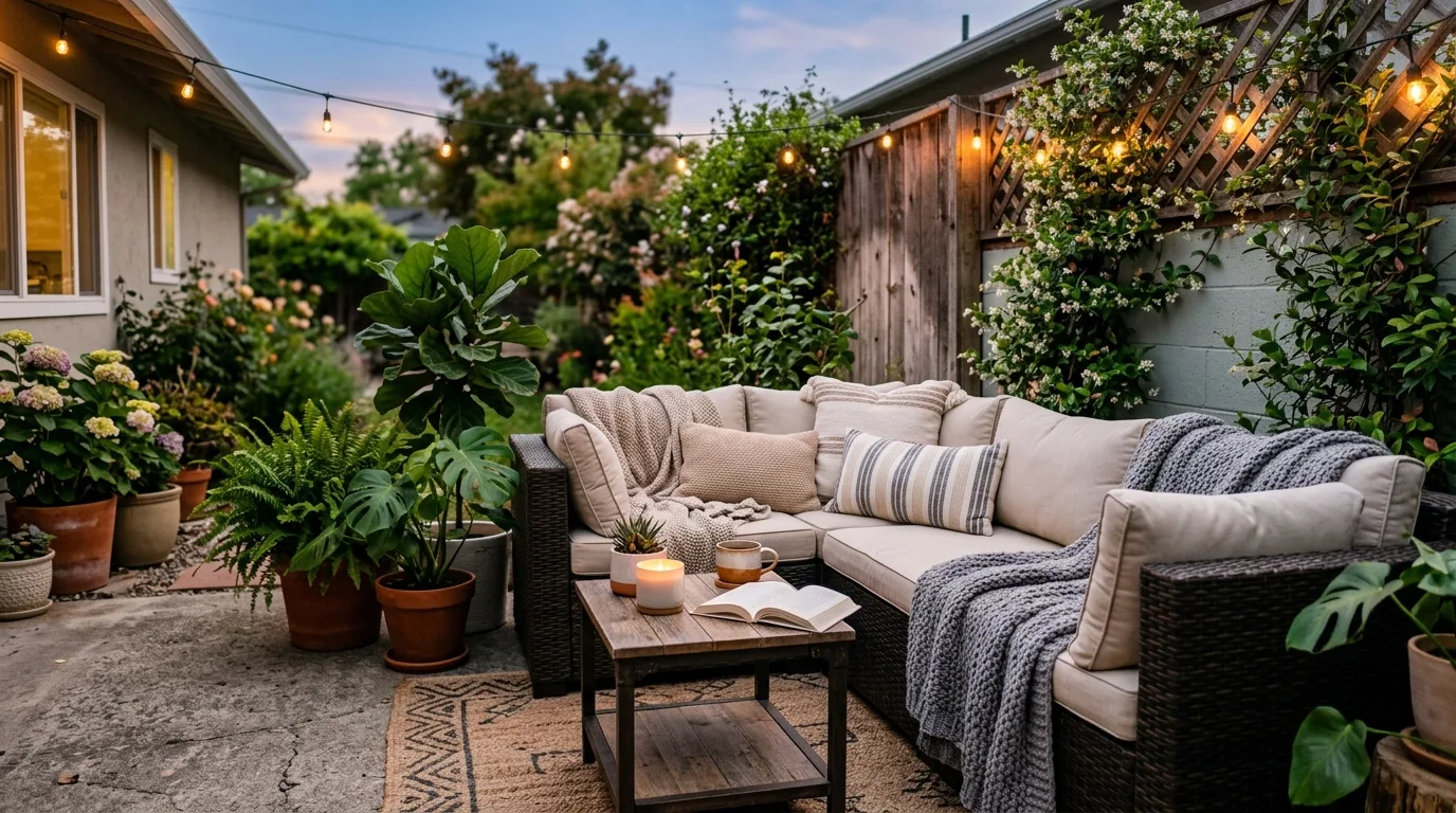 Concrete Patio with Outdoor Dining and Umbrella